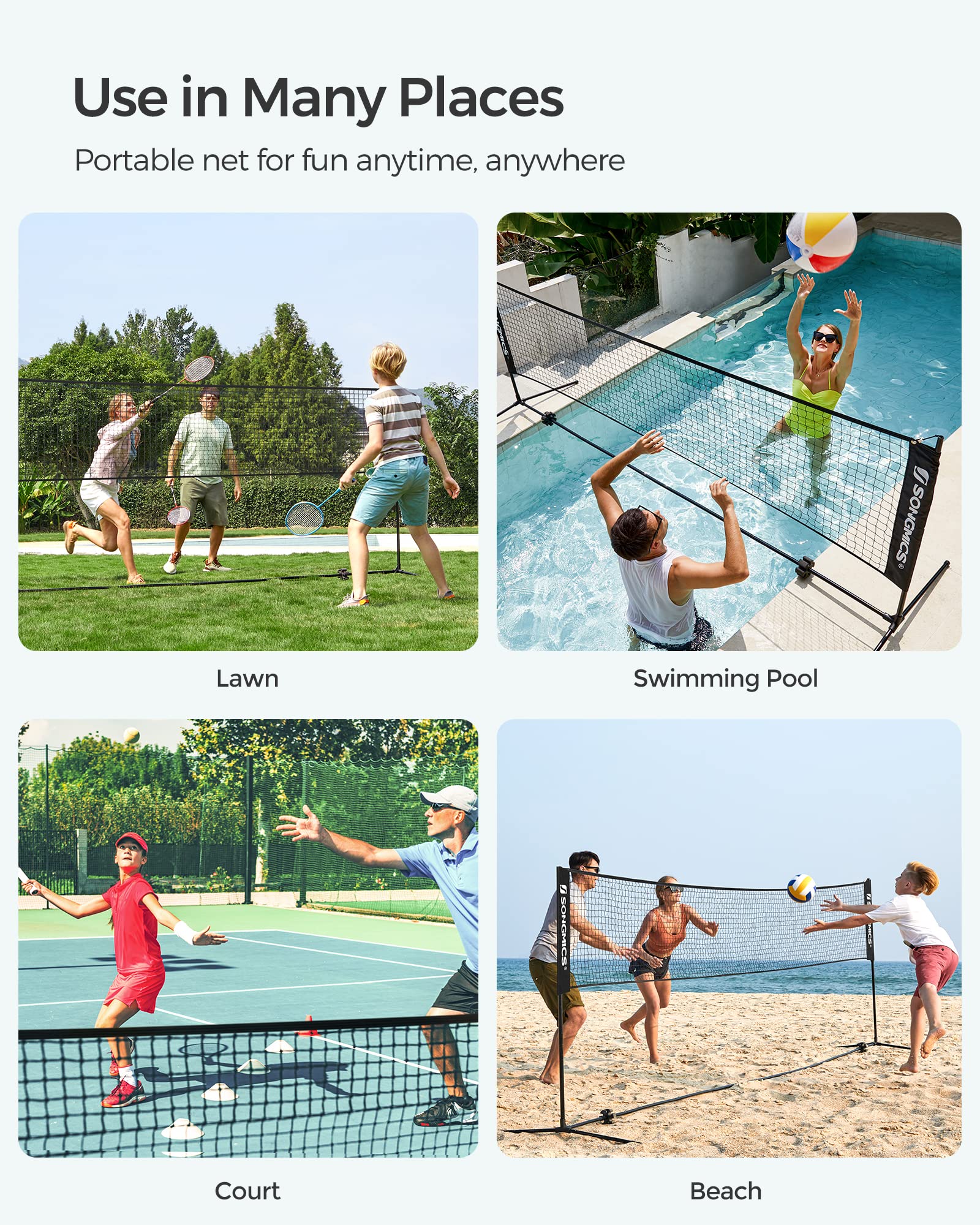 SONGMICS 3 m Badminton Net, Volleyball Net, Adjustable Poles Height, Portable Set for Tennis