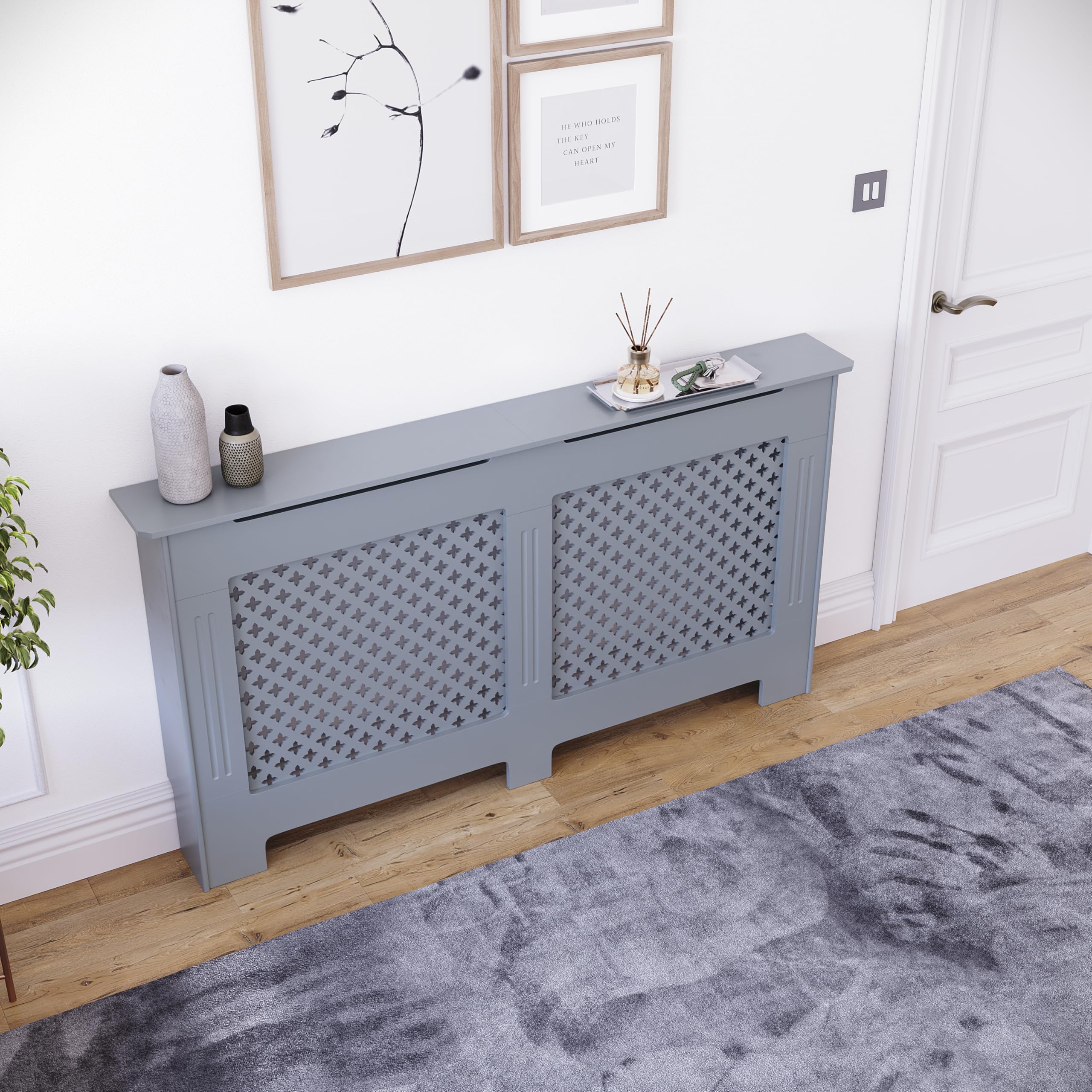 Vida Designs Oxford Radiator Cover – Traditional Cross Pattern, Olive Grey, MDF, Modern Painted Finish, Heat Efficient, Small, (H 82 x W 78 x D 19 cm)