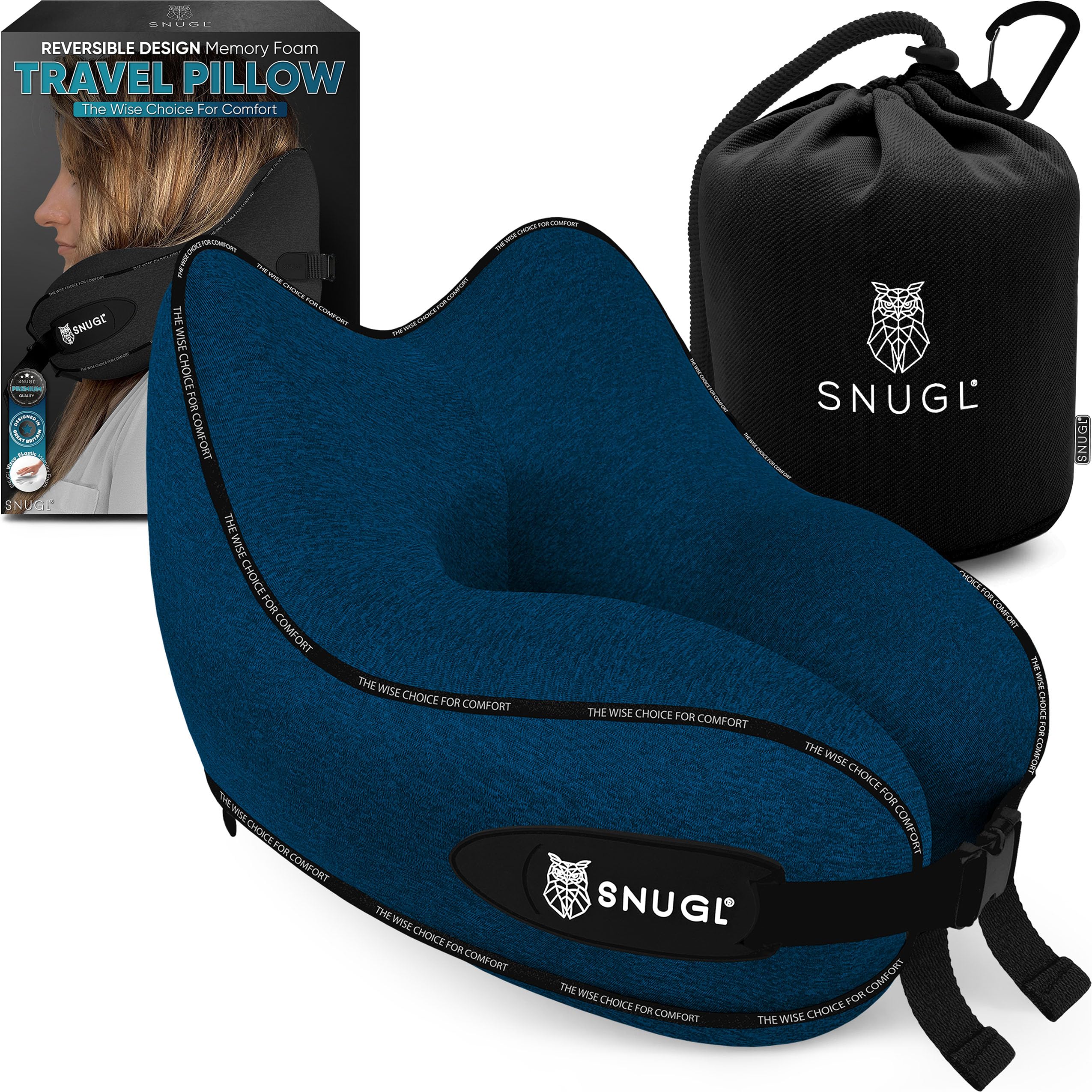 SNUGL Travel Pillow – Memory Foam Neck Pillow for Travel – Support Cushion for Airplane with Carry Bag & Clip - Holiday Essentials (Black - Adult Regular)