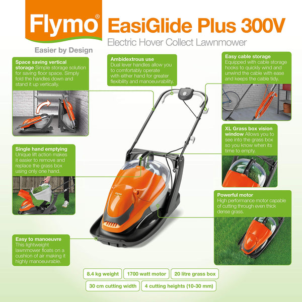 Flymo EasiGlide Plus 360V Hover Collect Lawn Mower - 2000W Motor, 36cm Cutting Width, 26 Litre Grass Box, Folds Flat, 10m Cable Length, Orange and Grey