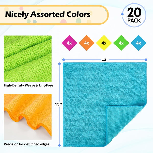 20 Pack Microfiber Cleaning Cloth, Lint-Free Car Wash Towels, All-Purpose Absorbent Cleaning Rags for Housekeeping, Dust Cloth for Office, Mechanic, Automotive