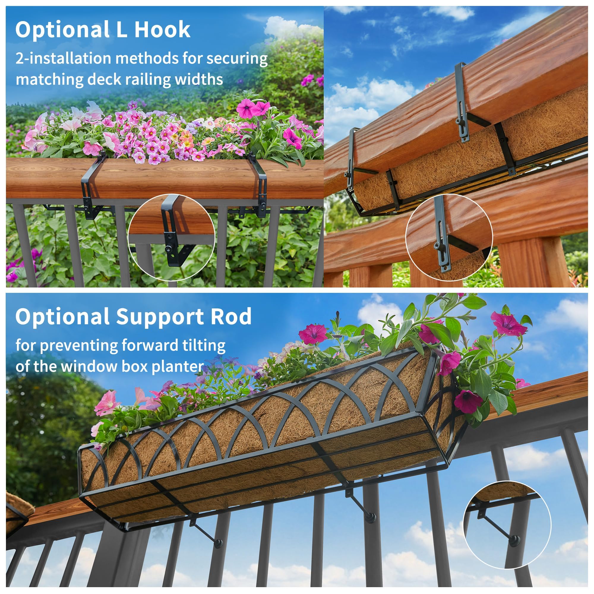 HFHOME 4Pcs 24"/60.9cm Hanging Flower Baskets, Wall Mounted Trough Basket with Coco Liner, Metal Railing Planter Box for Window Box Porch Balcony