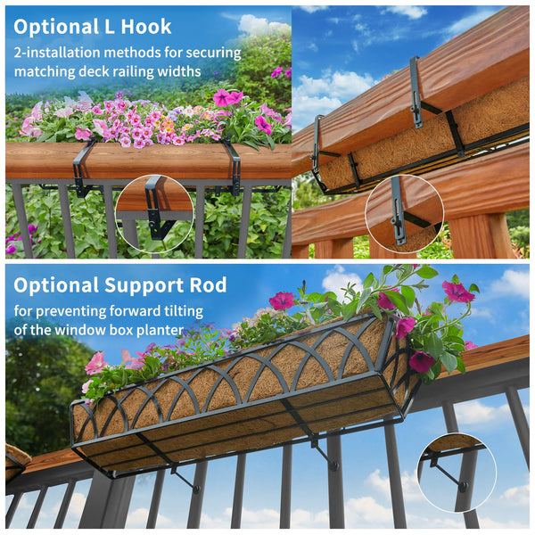 HFHOME 4Pcs 30"/76.2cm Wall Trough Rail Planters, Large Hanging Flower Baskets with Coco Liner and Adjustable Brackets, Metal Railing Planter Box for