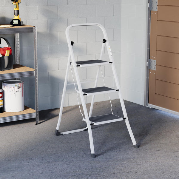 Home Vida 3 Step Ladder - Heavy Duty Steel Folding Ladder with Slip-Resistant and Wide Steps, Folding Mechanism, 150kg Max Load, Home/Kitchen/DIY/Garden Use, White