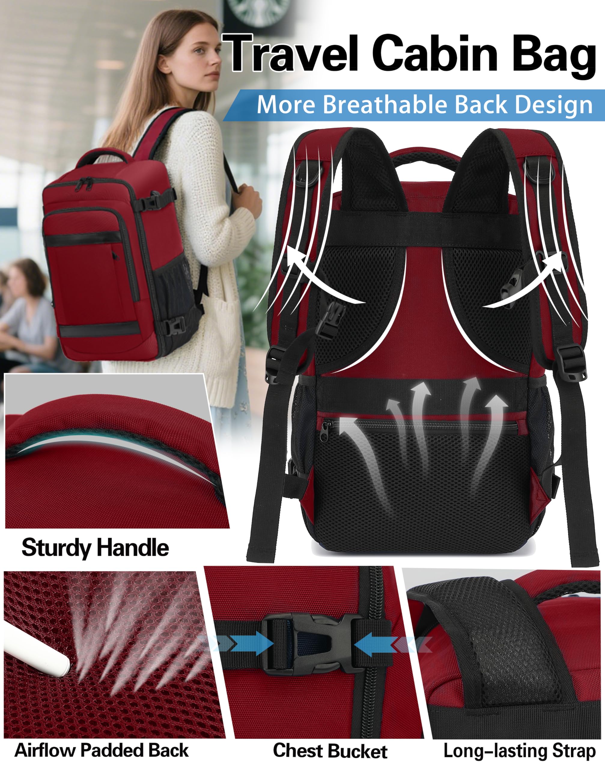 KLOSTAIN for Easyjet Cabin Bag 45x36x20 Travel Backpack Hand Luggage Carry-ons Bag Laptop Backpack Ruscksack for Airplanes Flight New Easyjet Underseat Cabin Bags Fit 14" Laptop Navy