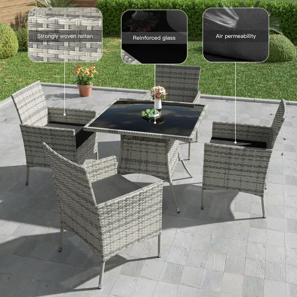 Trumbeak 4 Seater Rattan Dining Set with Cushions,Garden Furniture Set with Glass Top Table and 4 Armchairs,Outdoor Dining Table and Chairs Set for patio,Grey