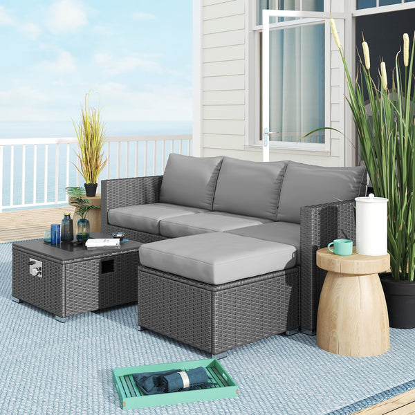 Outsunny 5 Piece Rattan Garden Furniture Set with Gas Fire Pit Table, 4 Seater Outdoor Sectional Sofa Set with Footstool and Removable Cushions, Modular Combination, Brown and Cream White