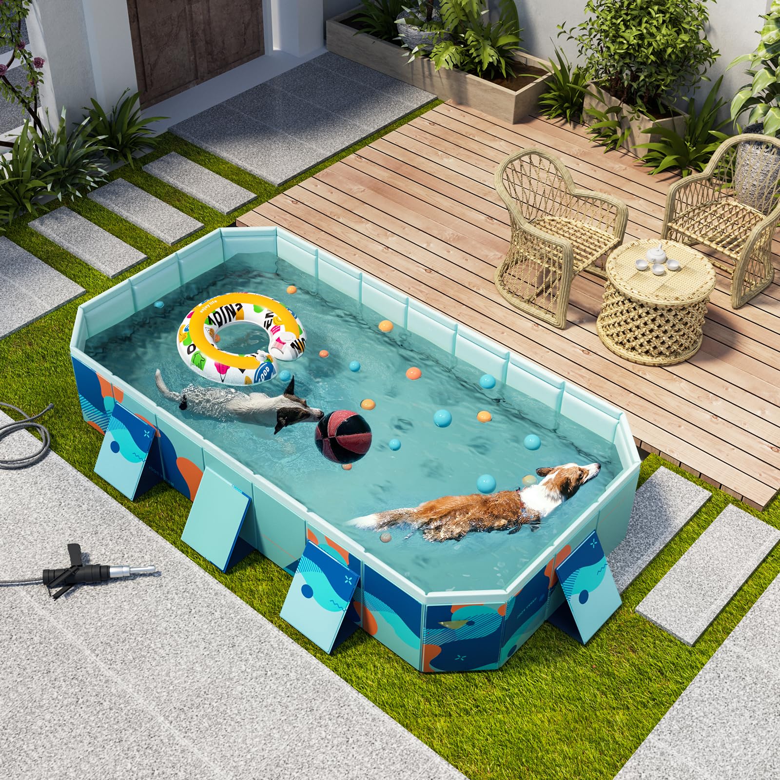 Foldable Non-Inflatable Pool – 2.23m Heavy-Duty PVC Bathing Pool, Large Garden Pool with Quick Drain Valve & Anti-Slip Design, Includes Repair Patch – Blue