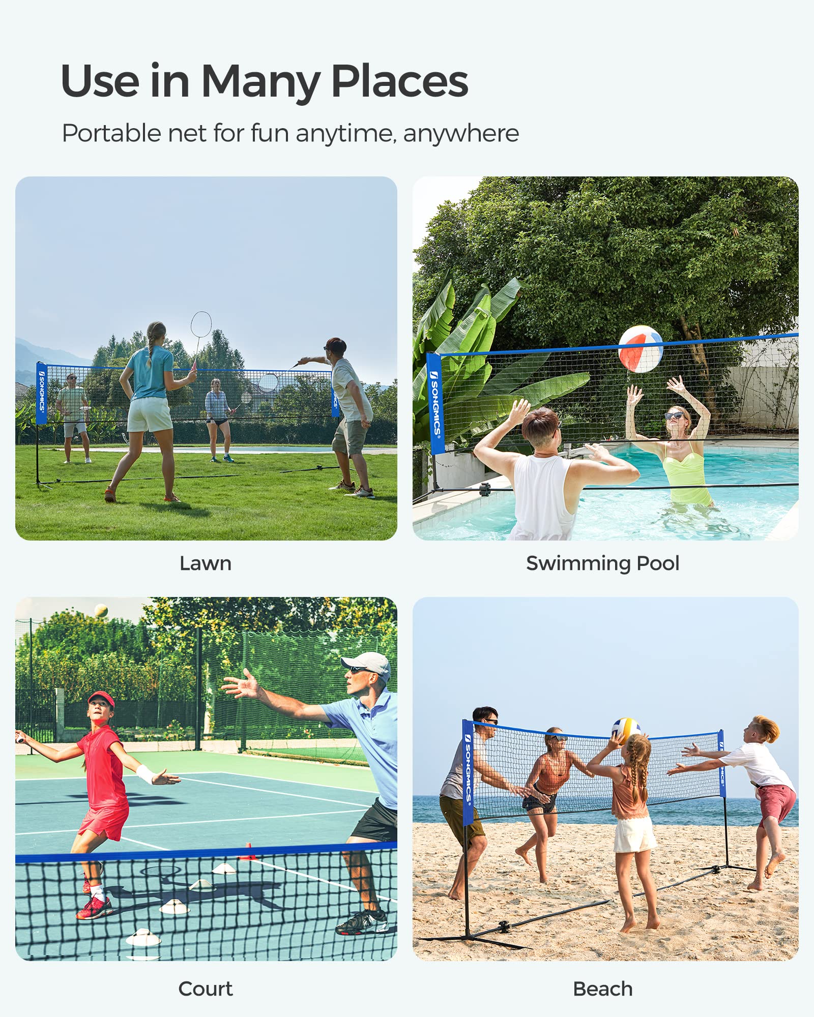 SONGMICS 3 m Badminton Net, Volleyball Net, Adjustable Poles Height, Portable Set for Tennis