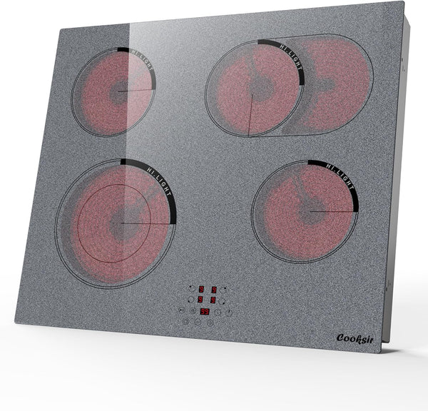 Cooksir Electric Hob 60cm, Ceramic Hob 4 Ring 6700W, Electric Hob 4 Zone with Expandable Dual and Oval Zone, Built-in Hob with Frame, Timer, Safety Lock, 220-240V(No Plug)