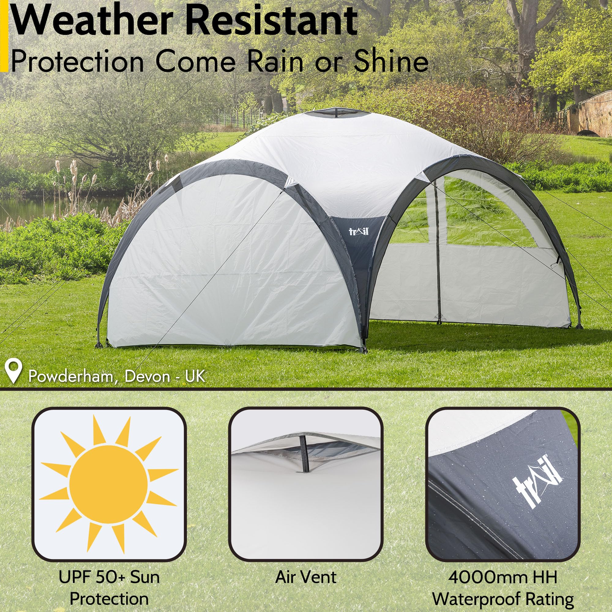 Trail Dome Gazebo with Sides, Portable Steel Pole Shelter, Outdoor Event Camping Garden, 4 Walls, 2 with Doors & Windows, UPF50+ Sun Protection, 4000mm Waterproof, Vent, Bag (3.5m x 3.5m x 2.25m)