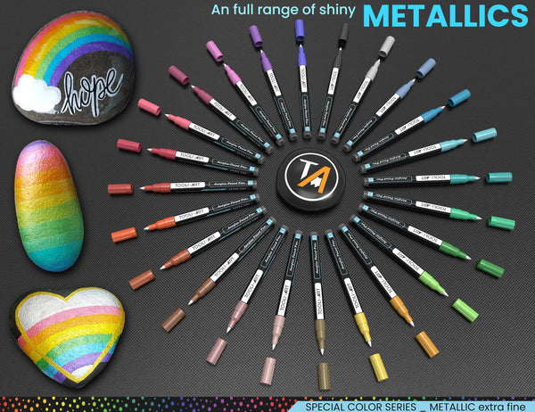 24 Metallic Acrylic Paint Markers Paint Pens Set 0.7mm Extra Fine Tip For Rock Painting, Glass, Mugs, Wood, Metal, Canvas, DIY Projects, Outlining,