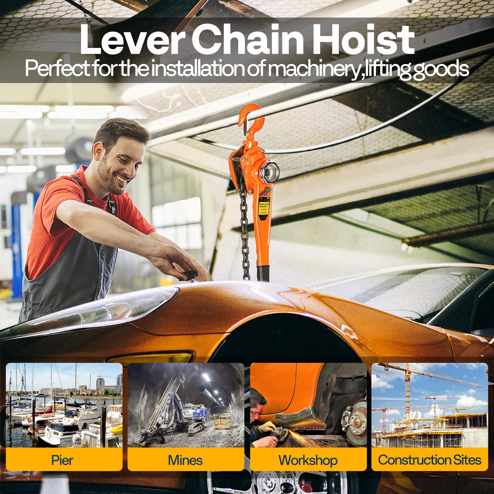 SPECSTAR Hand Chain Hoist 1250kg Capacity 3m with 2 Heavy Duty Hooks Manual Chain Fall for Warehouse Building Automotive Machinery