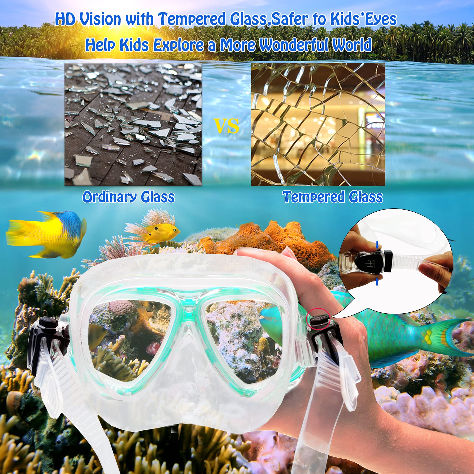 Kids Mask Snorkeling Set with Fins Anti Leak Snorkeling Gear for Kids with Adjustable Flippers, Youth Junior Full Dry Snorkel Set Swimming Goggles