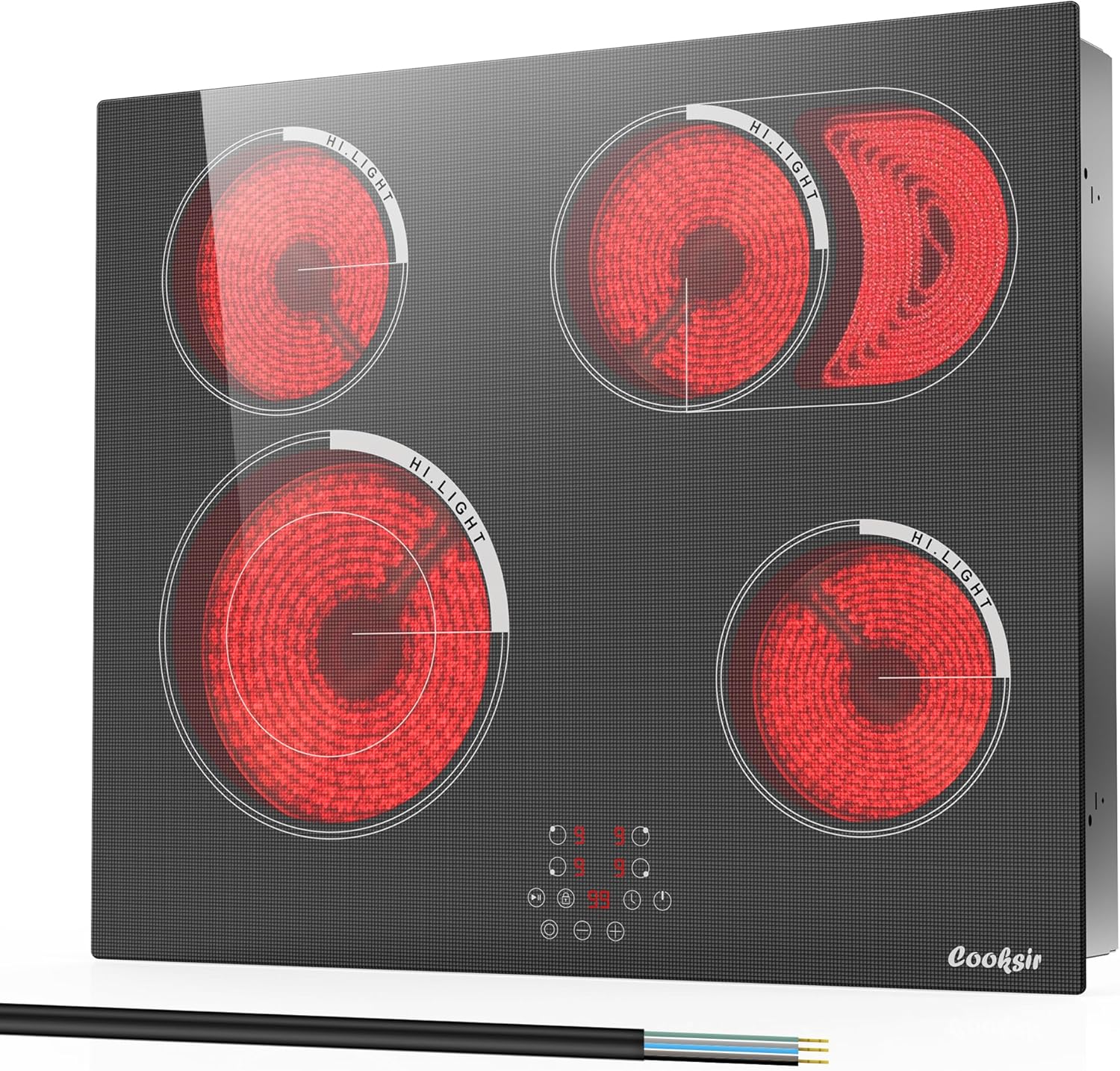 Cooksir Electric Hob 60cm, Ceramic Hob 4 Ring 6700W, Electric Hob 4 Zone with Expandable Dual and Oval Zone, Built-in Hob with Frame, Timer, Safety Lock, 220-240V(No Plug)