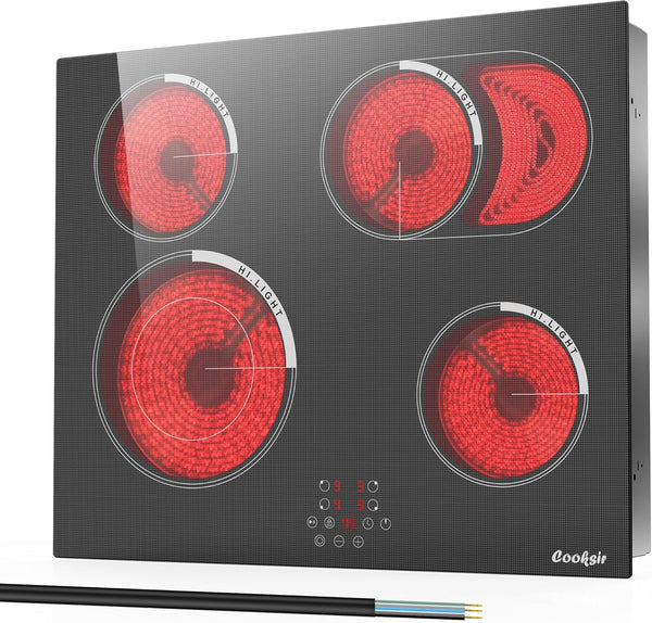 Cooksir Electric Hob 60cm, Ceramic Hob 4 Ring 6700W, Electric Hob 4 Zone with Expandable Dual and Oval Zone, Built-in Hob with Frame, Timer, Safety Lock, 220-240V(No Plug)