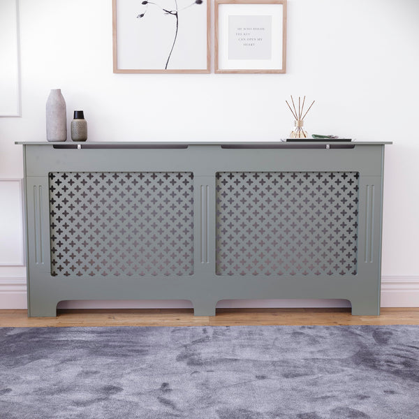 Vida Designs Oxford Radiator Cover – Traditional Cross Pattern, Olive Grey, MDF, Modern Painted Finish, Heat Efficient, Small, (H 82 x W 78 x D 19 cm)