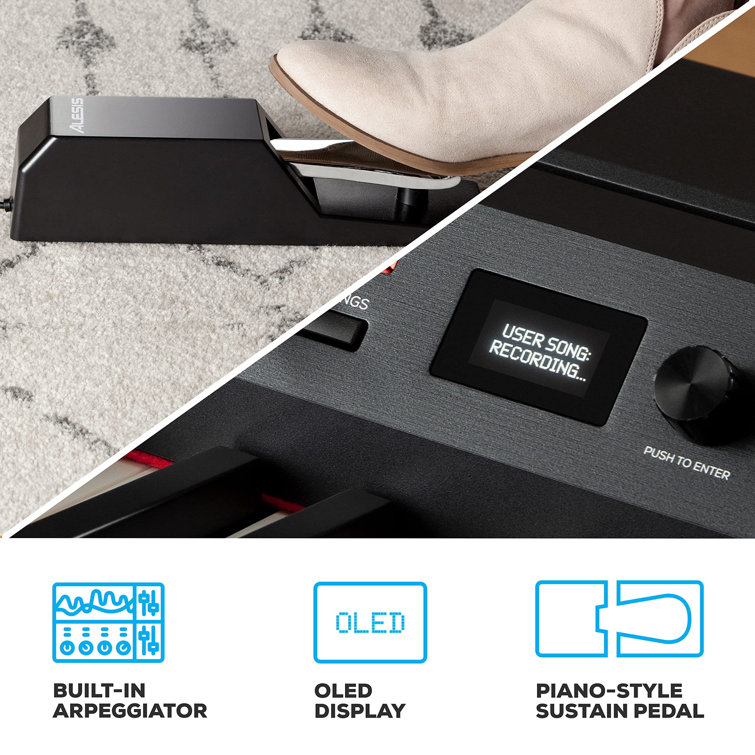 Alesis Recital Home Digital Piano with 88 Hammer Action Weighted Keys, Stand, Pedals and Lessons, Turquoise