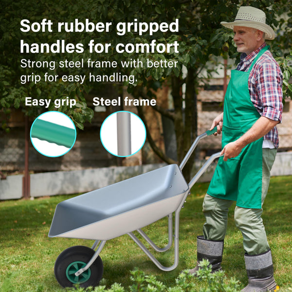65L Wheelbarrow Home Garden, Heavy Duty Cart Galvanised Wheel Barrow with Pneumatic Tyre 100KG Load-Bear, Strong Large Transport Trolley Handcart, Suitable for Garden Work