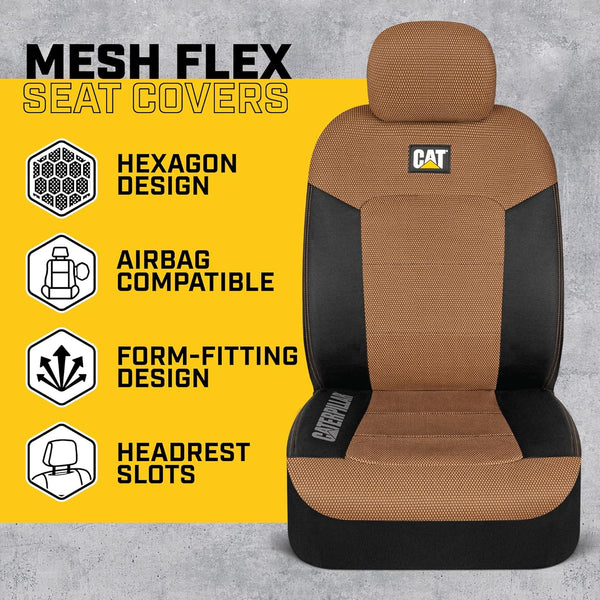 Caterpillar MeshFlex Automotive Seat Covers for Cars Trucks and SUVs (Set of 2) – Brown/Beige Car Seat Covers for Front Seats, Truck Seat Protectors with Comfortable Mesh Back, Auto Interior Covers