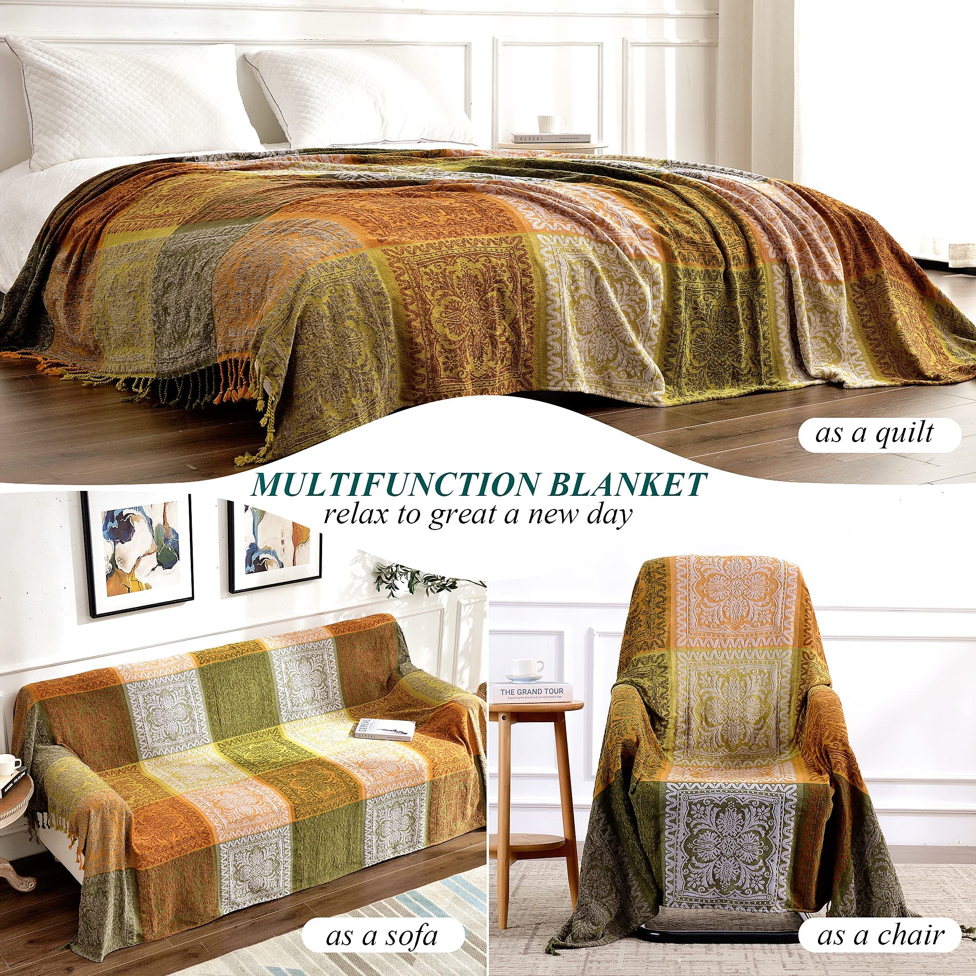 Edcooy Throws for Sofas Large, ColorfulChenille Tassels Woven Hippie Throw Blanketsfor Couch Bed Sofa Settees,Bohemian Fringe Tassels Decor Home