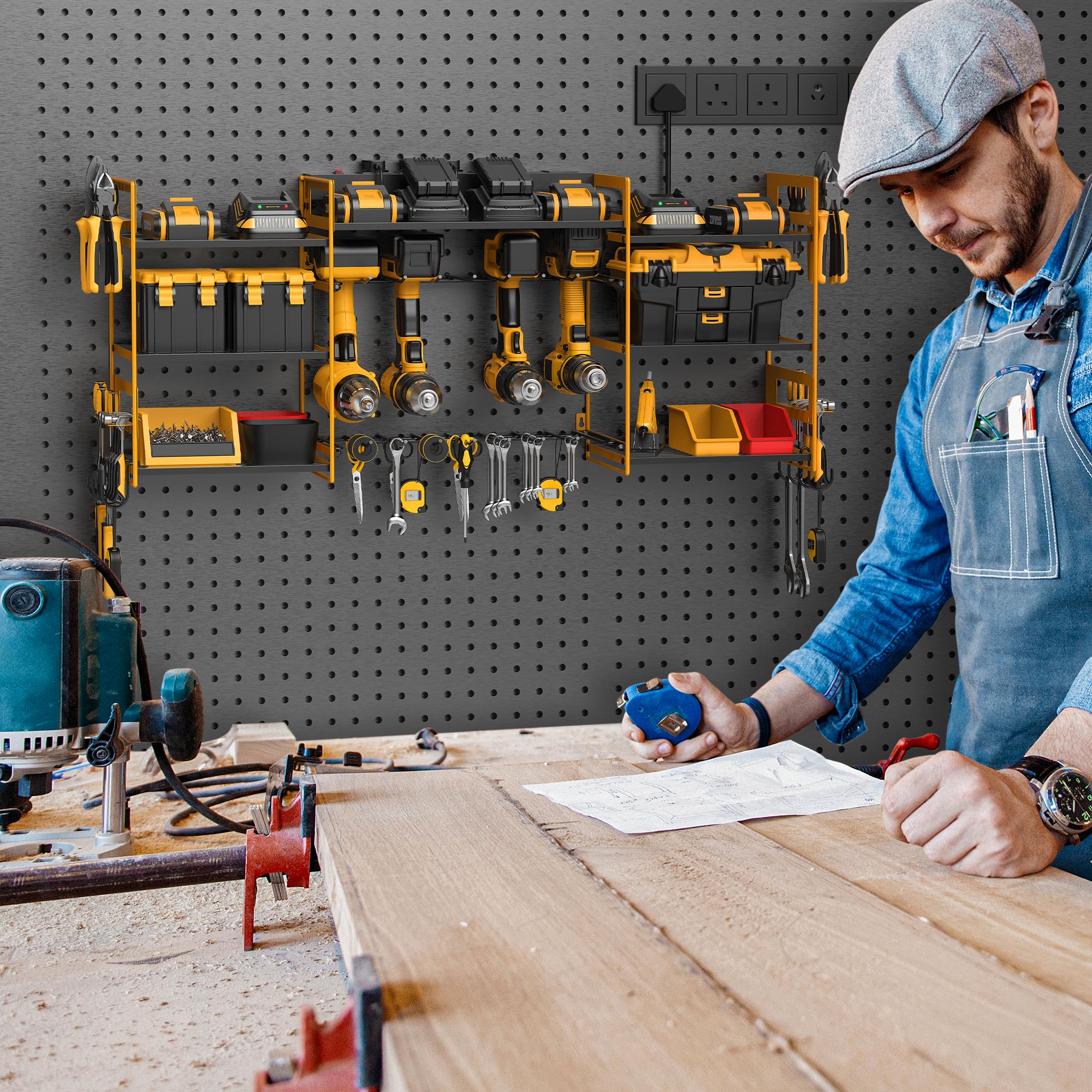 Power Tool Organizer with 6 Way Extension Lead,Large Tools Charging Station,8 Power Drill Tools Heavy Duty Drill Holder Wall Mounted Rack Utility Metal Tool Shelf Storage Organiser for Garage