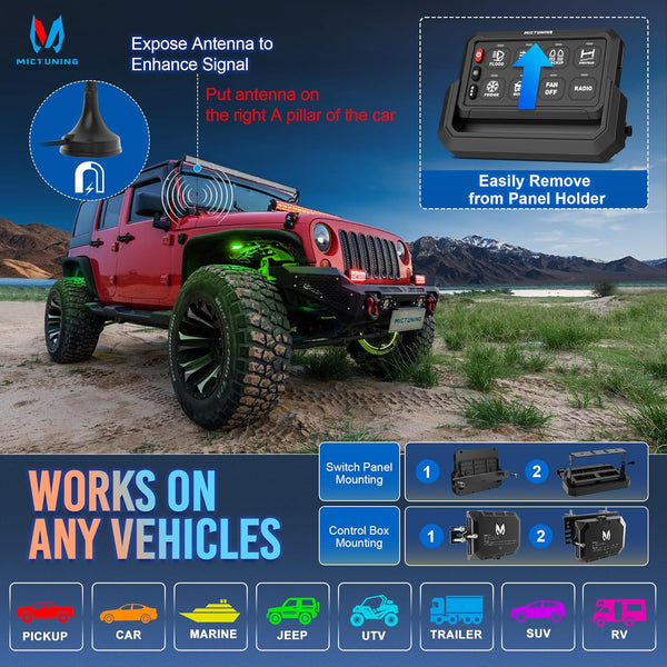 MICTUNING P1s Wireless RGB 8 Gang Switch Panel, Remote Control Range Up to 165FT Plug and Play Multifunction Toggle Momentary Strobe Circuit Control Relay System Box for Off Road Truck SUV UTV RV