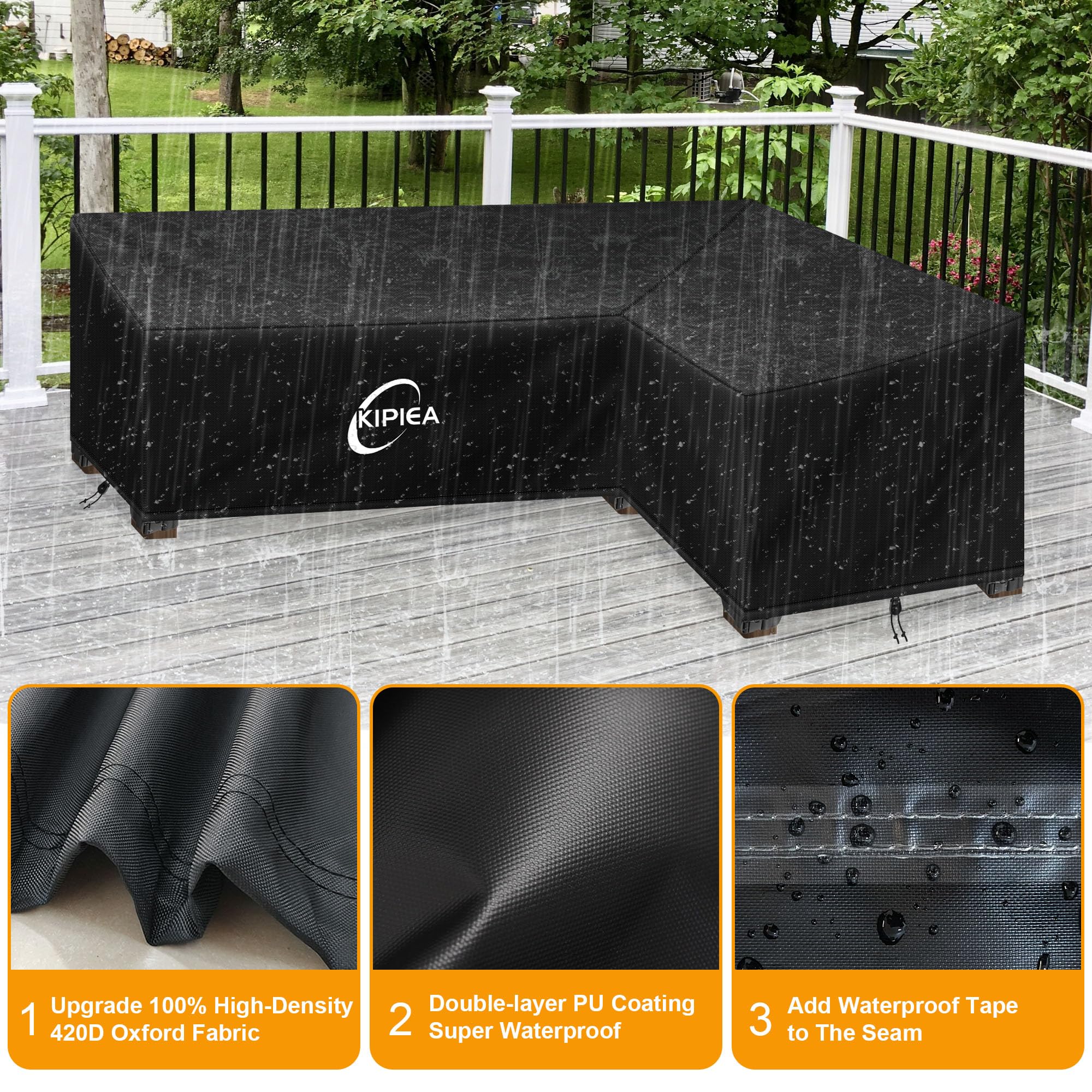Kipiea L Shaped Garden Furniture Covers Waterproof, 420D Heavy Duty Oxford Fabric Outdoor Rattan Corner Sofa Covers with Windproof, Garden Sofa Cover,