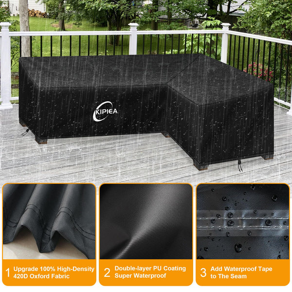 Kipiea L Shaped Garden Furniture Covers Waterproof, 420D Heavy Duty Oxford Fabric Outdoor Rattan Corner Sofa Covers with Windproof, Garden Sofa Cover,