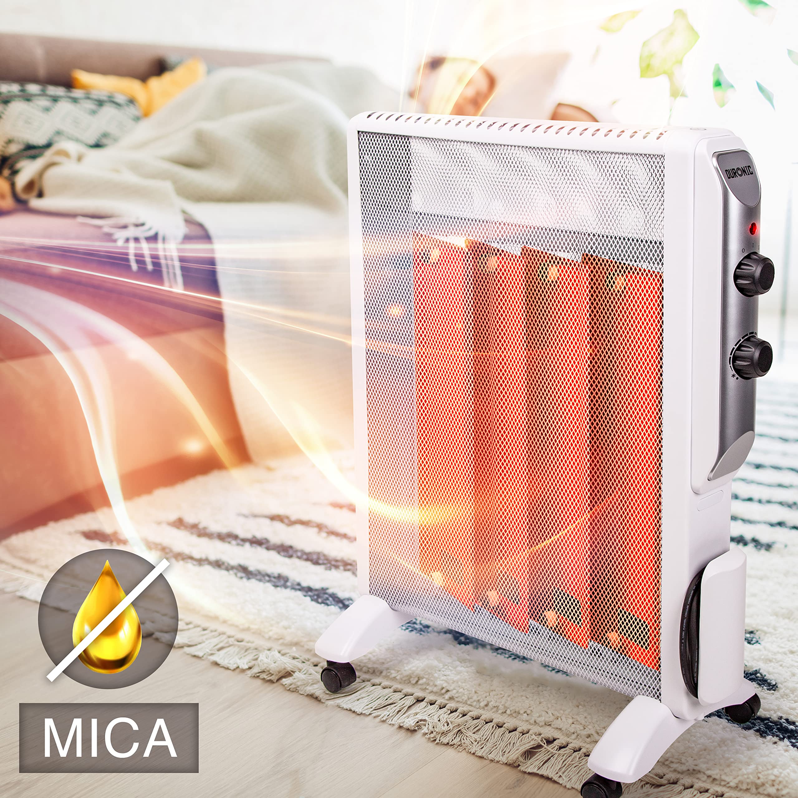 Duronic Electric Heater HV180 WE 2000W Oil Free Radiator Convection Heater Free Standing Radiator Mica Panel Heaters Portable Radiators with Micathermic Panels Convector for Home, Bedroom, Office