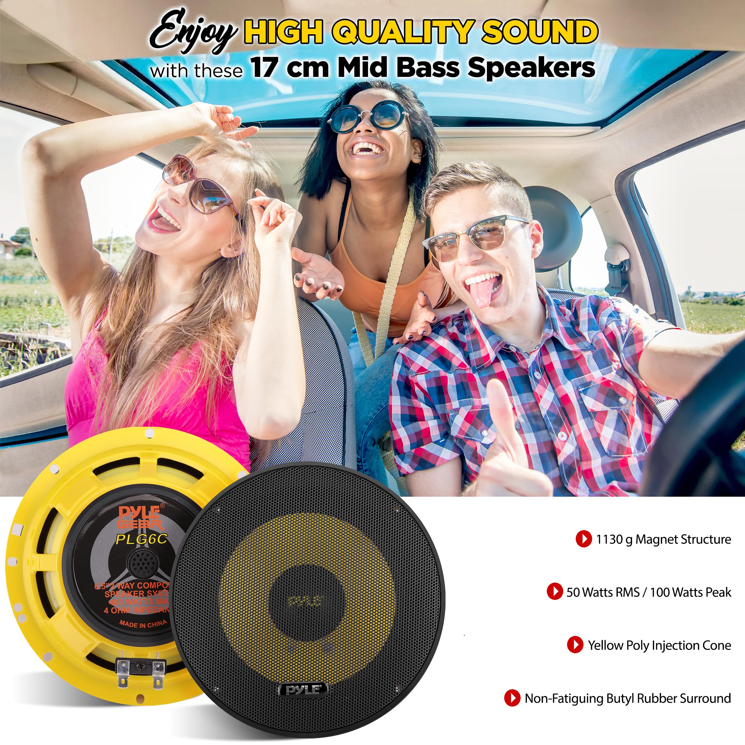 Pyle 2-Way Component Speaker System – 16.5cm, 400W, Electroplated Basket, Butyl Rubber Surround, 1.13kg Magnet, Wire Installation Kit – PLG6C, Yellow