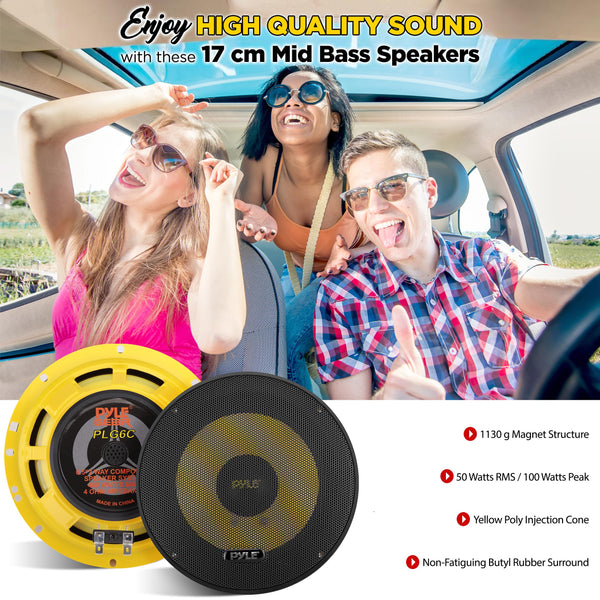 Pyle 2-Way Component Speaker System – 16.5cm, 400W, Electroplated Basket, Butyl Rubber Surround, 1.13kg Magnet, Wire Installation Kit – PLG6C, Yellow