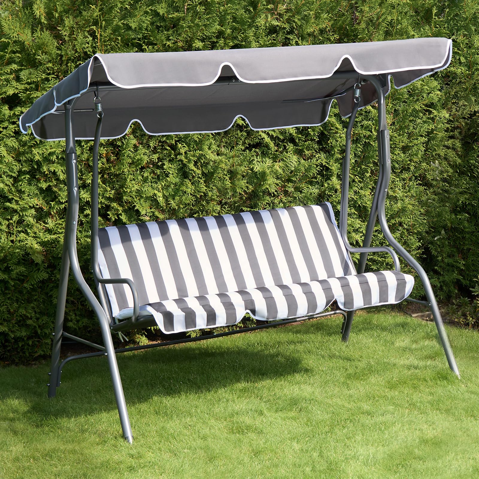 OHS Garden Swing Bench, 3 Seater Swing Seat Outdoor with Adjustable Canopy & Cushioned Seats Relaxing Comfy Outdoor Patio Hammock Bench, Grey/White Stripe