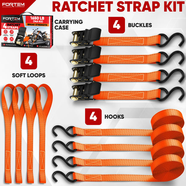 FORTEM Ratchet Straps, 748kg Break Strength, 4 Pack 4.6m x 2.54cm Tie Down Strap Set, 4 Soft Loops, Motorcycle Straps Tie Downs, Cargo Cam Buckles, Rubber Handles, Carry Bag