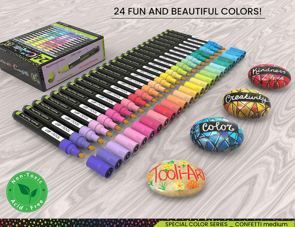24 Confetti Colours Acrylic Paint Pens Markers Set 3mm Medium Tip, Rock Painting, Glass, Mugs, Wood, Metal, Canvas, Pottery, Plastic, DIY Projects,