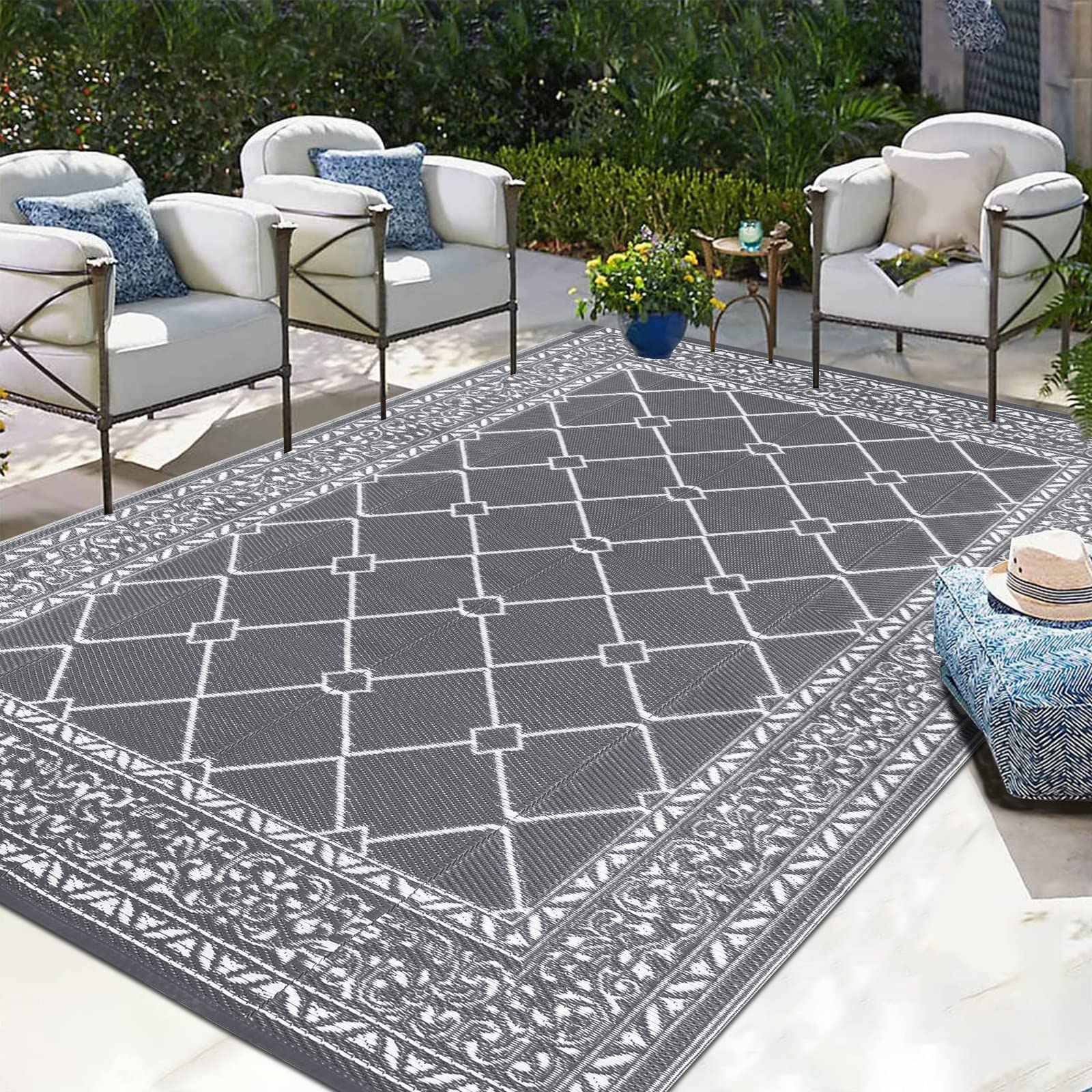Enyhom Outdoor Rugs for Garden Waterproof, 180 x 270 cm Reversible Plastic Patio Foldable Mat, Portable Easy Cleaning Carpet Rug, Heavy Duty Picnic