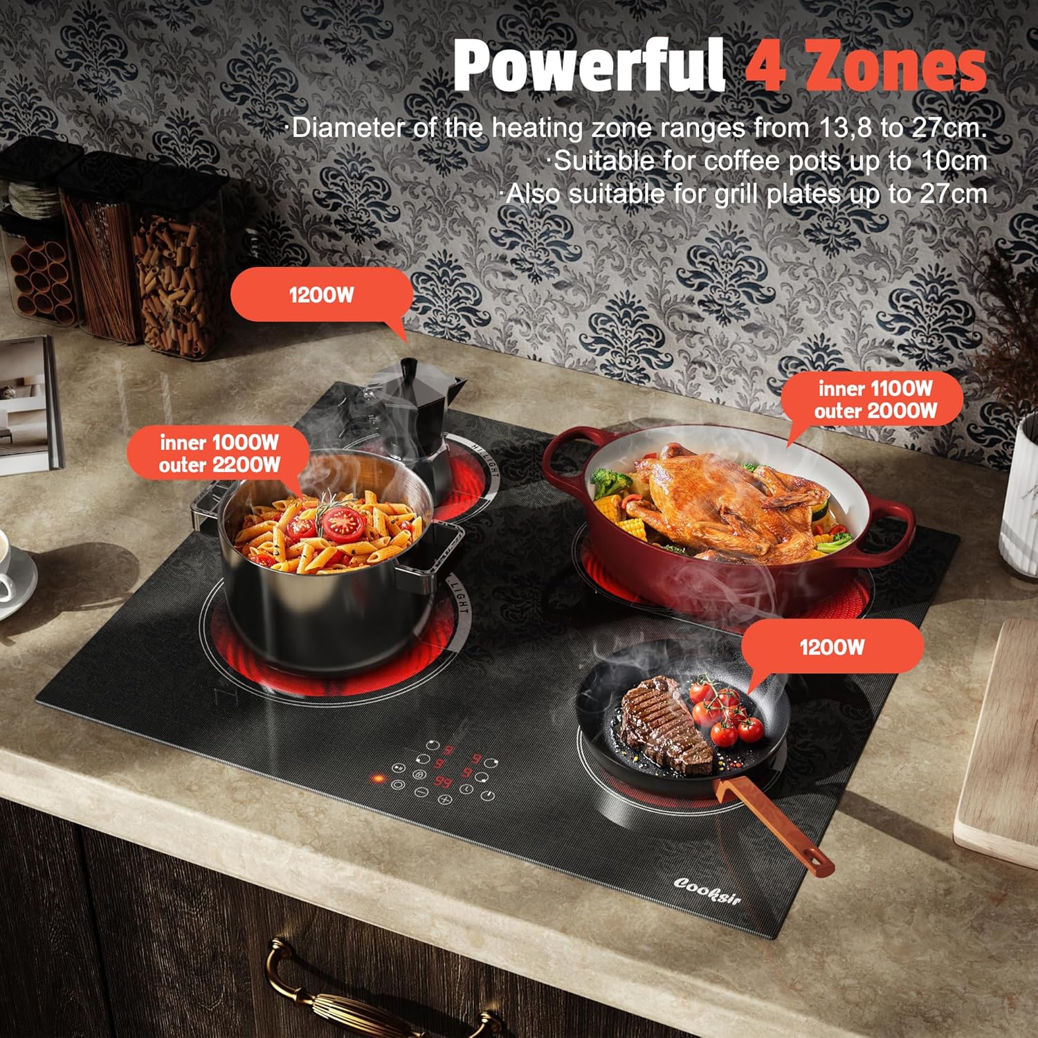 Cooksir Electric Hob 60cm, Ceramic Hob 4 Ring 6700W, Electric Hob 4 Zone with Expandable Dual and Oval Zone, Built-in Hob with Frame, Timer, Safety Lock, 220-240V(No Plug)