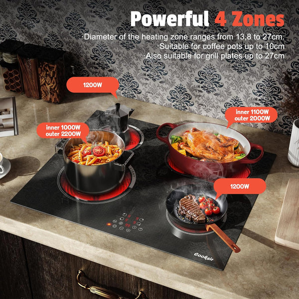 Cooksir Electric Hob 60cm, Ceramic Hob 4 Ring 6700W, Electric Hob 4 Zone with Expandable Dual and Oval Zone, Built-in Hob with Frame, Timer, Safety Lock, 220-240V(No Plug)