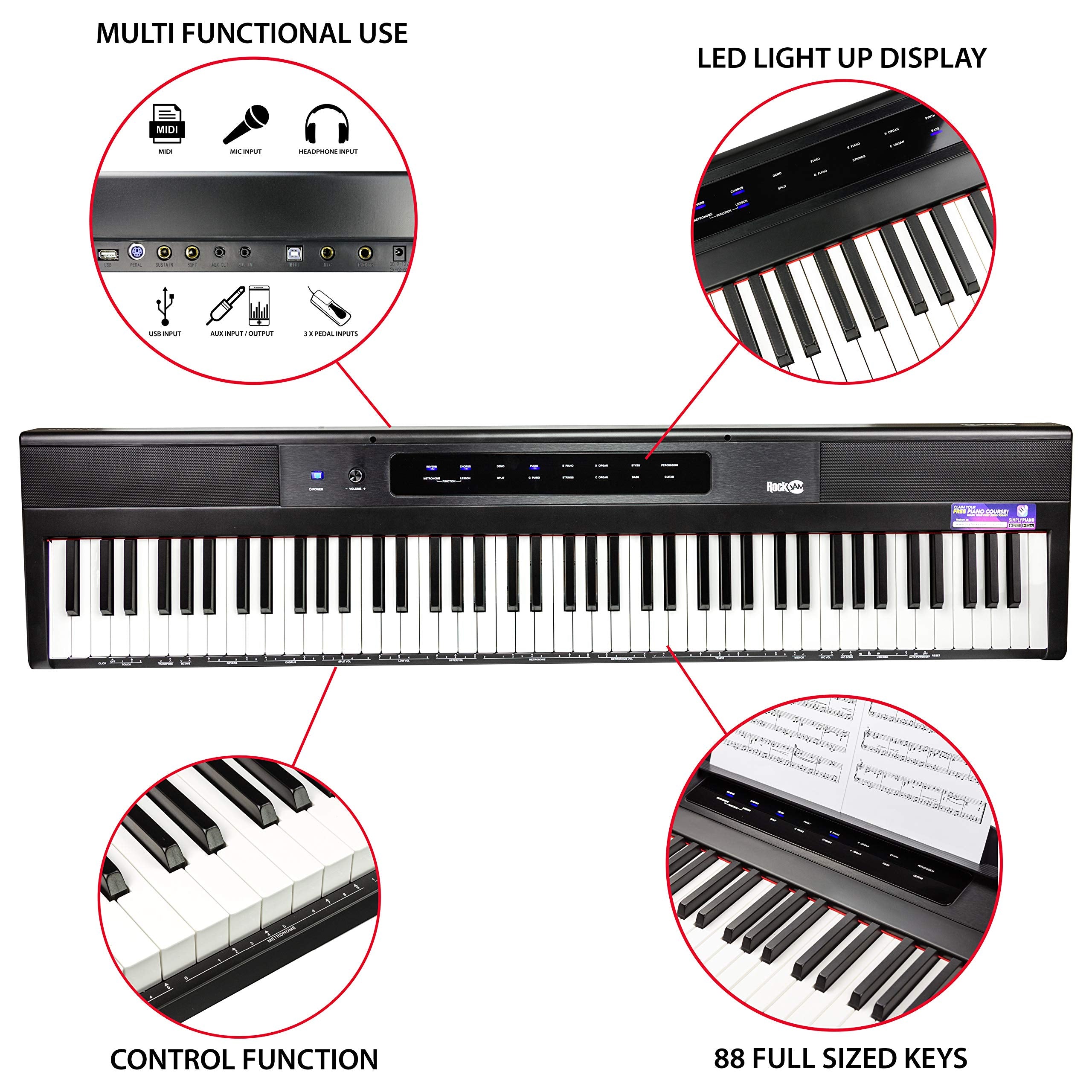 RockJam 88 Key Digital Piano with Full Size Semi-Weighted Keys, Power Supply, Sheet Music Stand, Piano Note Stickers & Simply Piano Lessons