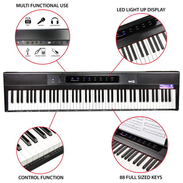RockJam 88 Key Digital Piano with Full Size Semi-Weighted Keys, Power Supply, Sheet Music Stand, Piano Note Stickers & Simply Piano Lessons