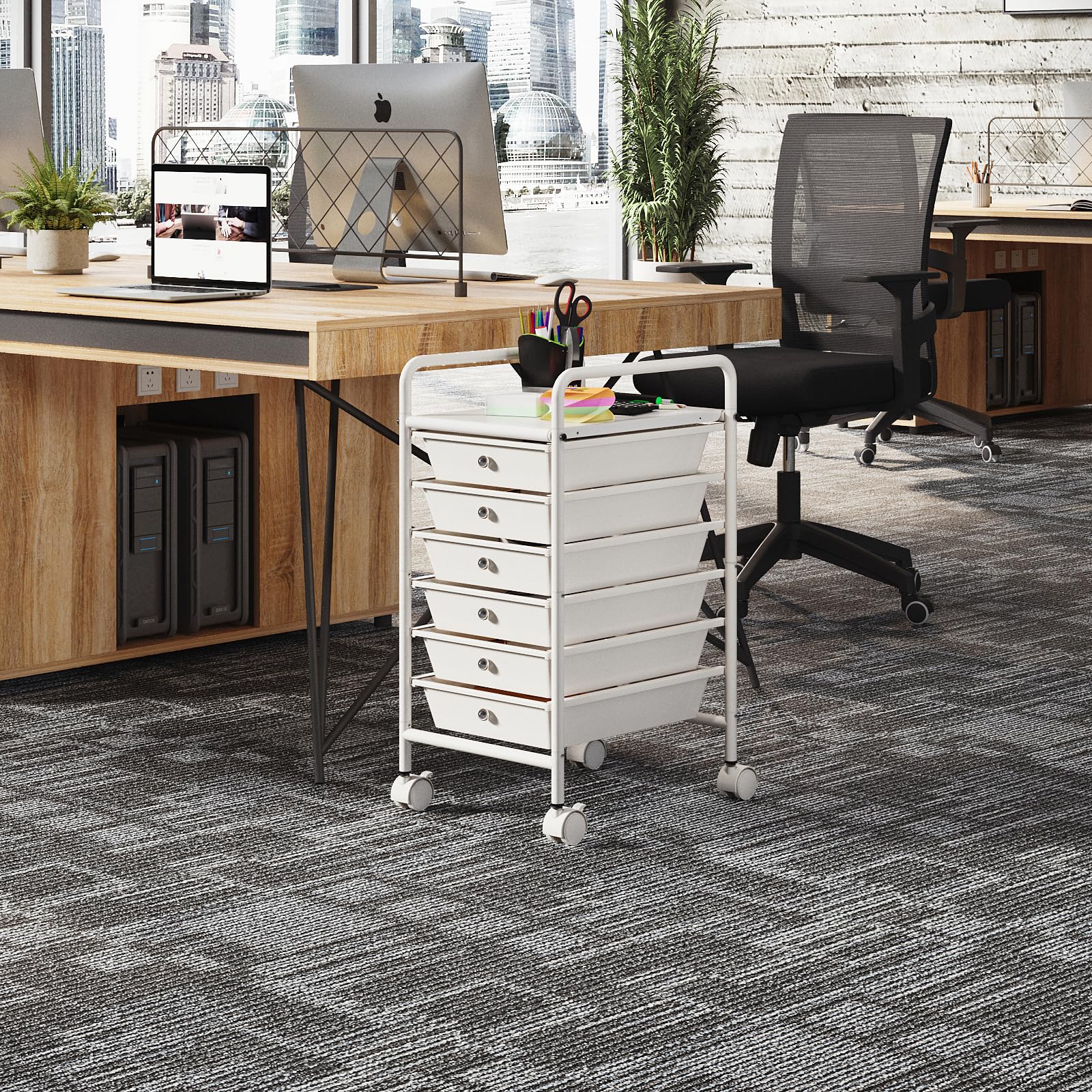 Johgee 6 Drawers Plastic Storage Cart, Multipurpose Mobile Organizer Shelving Unit with Lockable Wheels, Rolling Cart Storage Trolley for Home Office