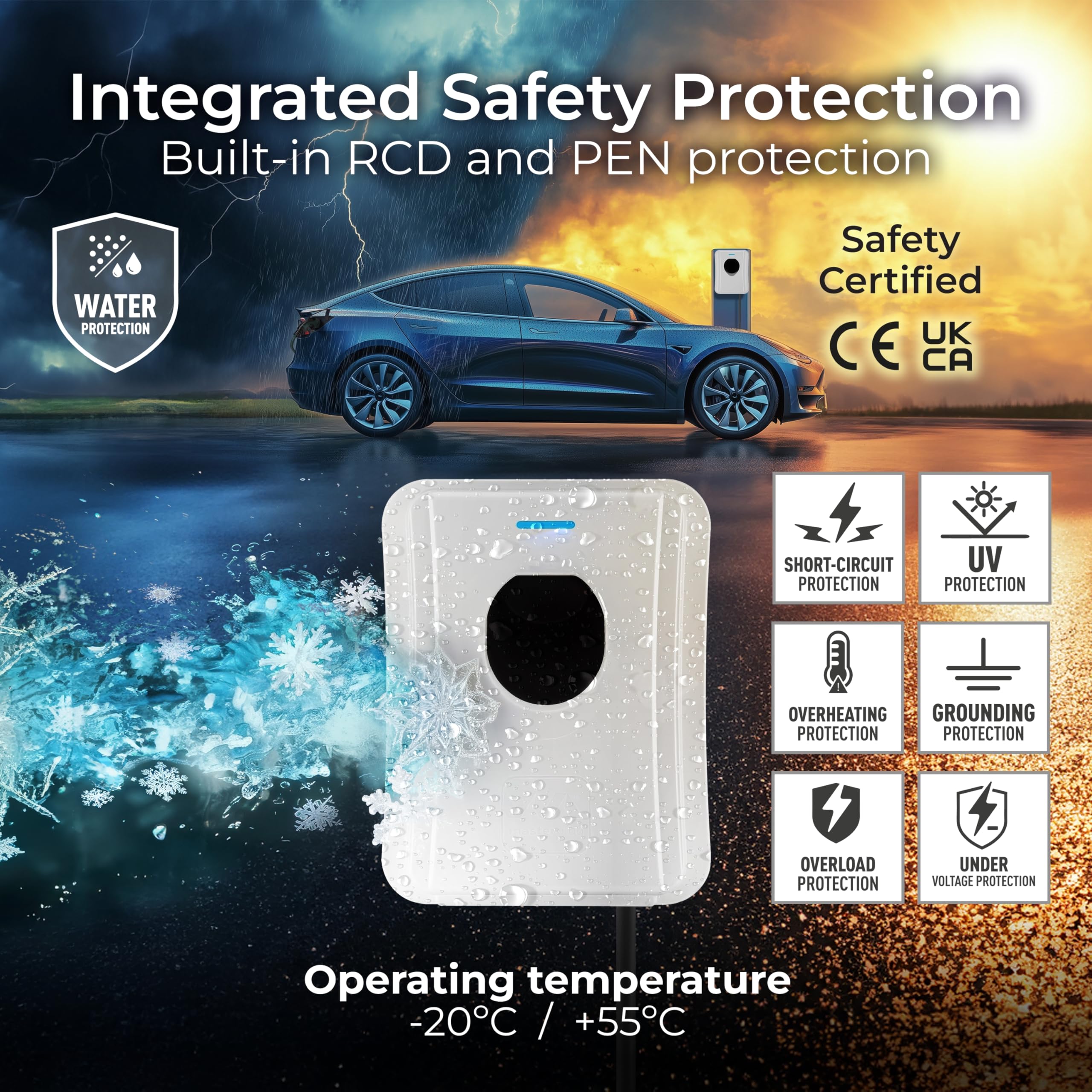 Masterplug Smart EV Home Wall Charger for Type 2 Electric and Plug-In Hybrid Vehicles, Tethered with 5m Cable, Mode 3, App Control, Solar Charging, Single Phase, Black, IP55, 7.4kW, 32A, EVCM3ST7B-MP