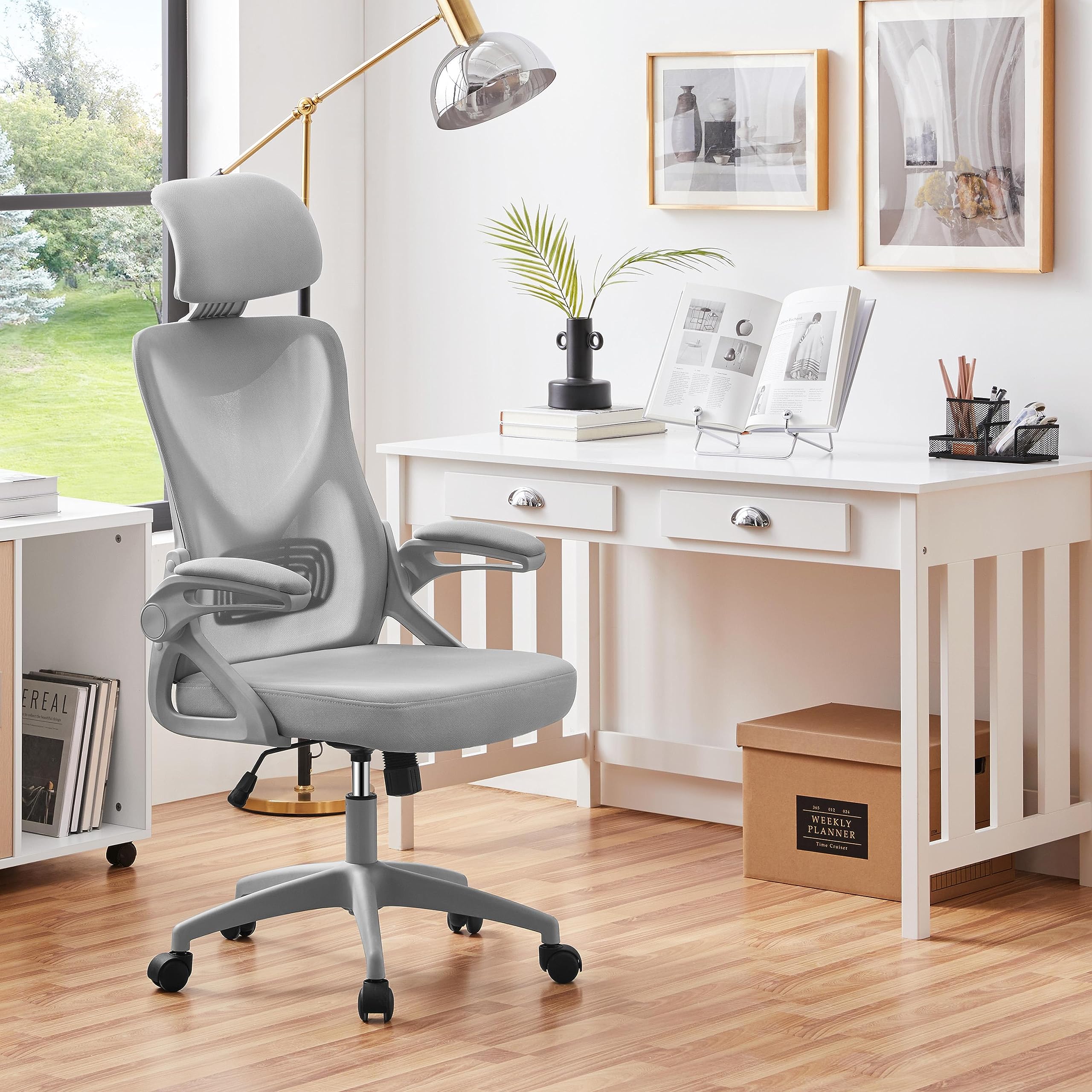 Yaheetech High Back Home Office Chair Ergonomic Swivel Desk Chair with Arms and Height Adjustable Back Support for Home Study or Manager Work White/Pink