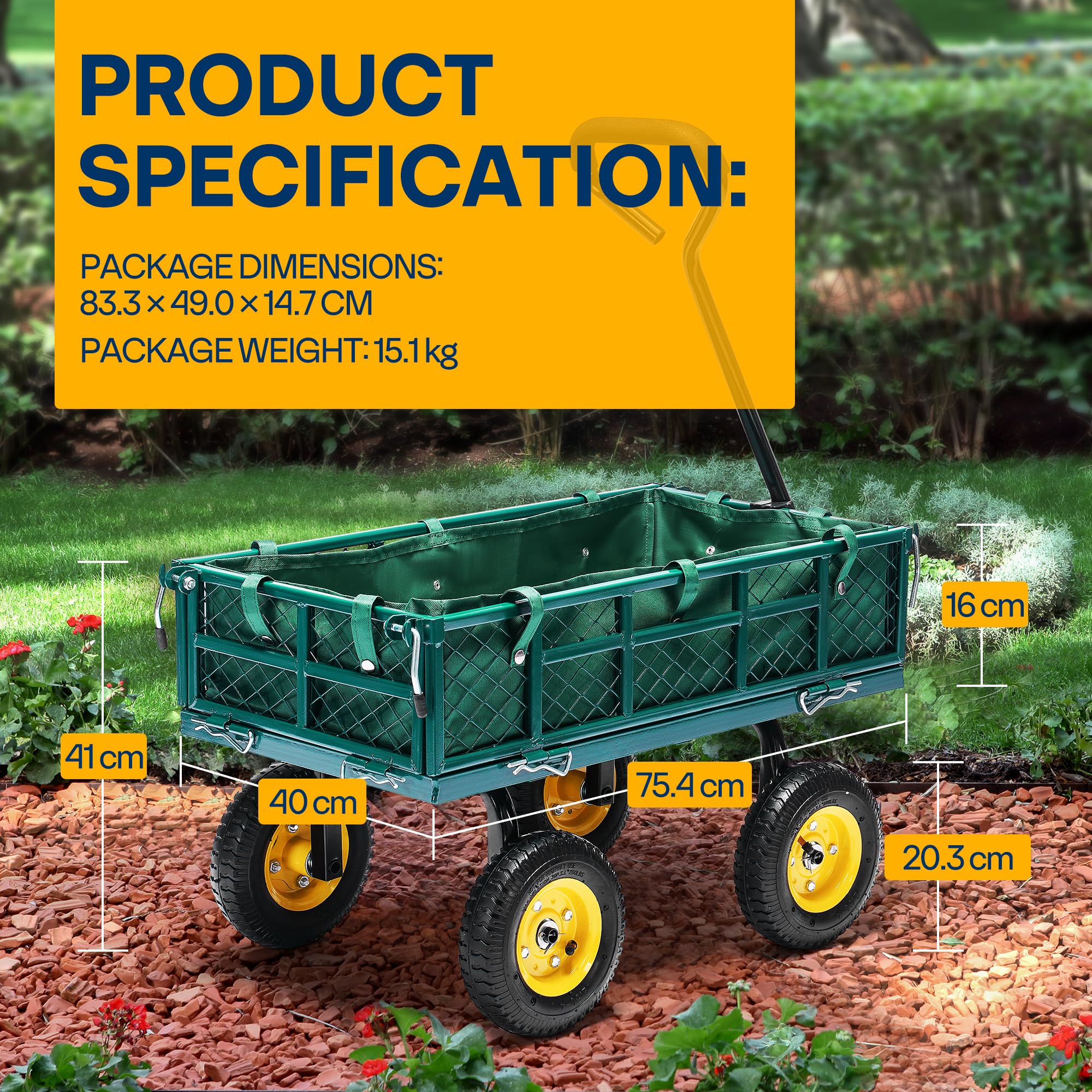 VIVOHOME Hand Trolley 400kg Capacity Durable Transport Cart with 10cm Pneumatic Tires and 180° Rotatable 80cm Handle Heavy Duty Metal Grids for Garden and Camping