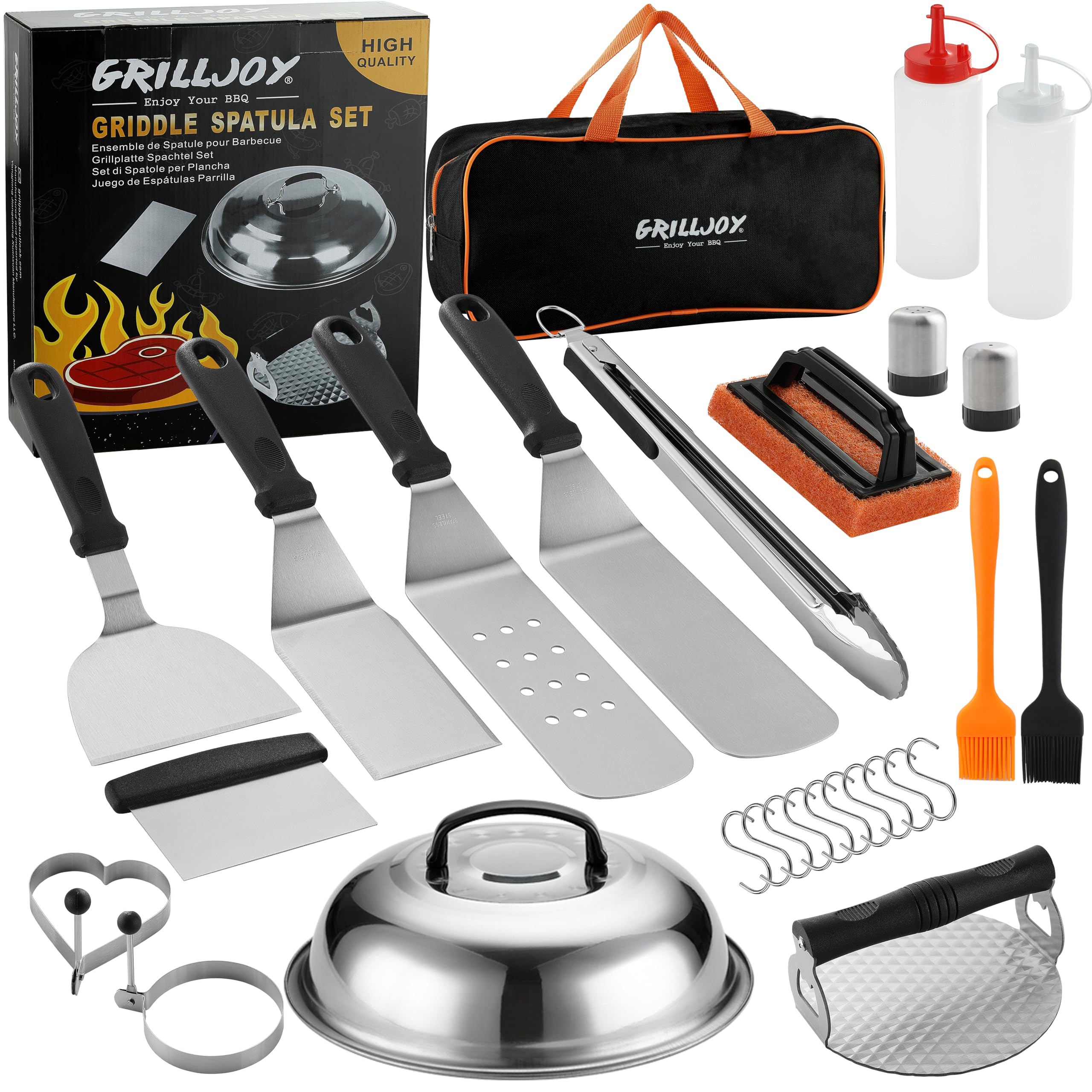 grilljoy Griddle Accessories Kit with Grill Spatula Set and Smash Burger Press, Smash Burger Kit, 28 Stainless Steel Barbecue Accessories for Flat Top