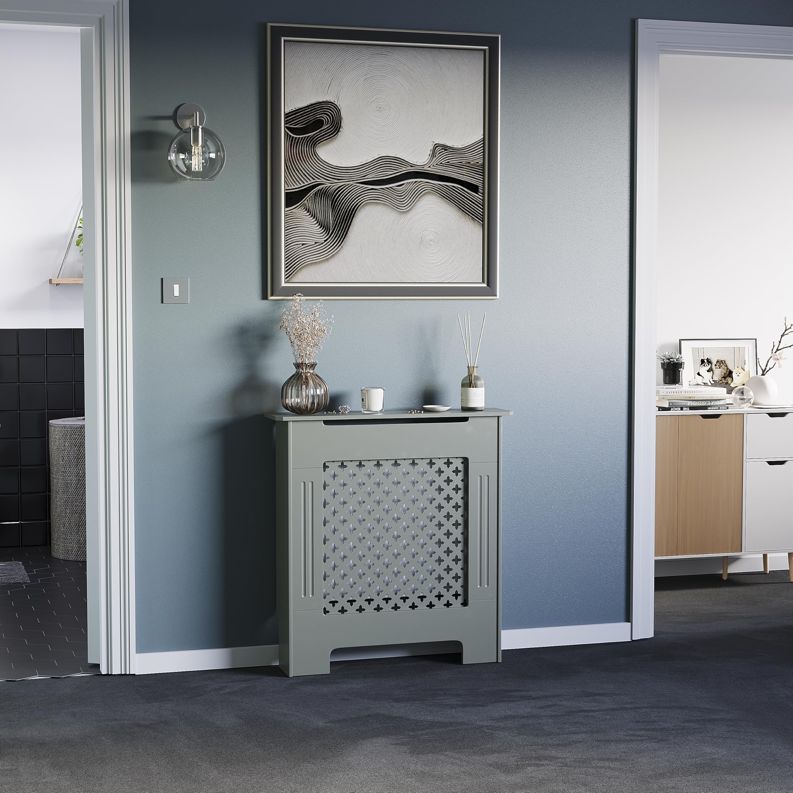 Vida Designs Oxford Radiator Cover – Traditional Cross Pattern, Olive Grey, MDF, Modern Painted Finish, Heat Efficient, Small, (H 82 x W 78 x D 19 cm)