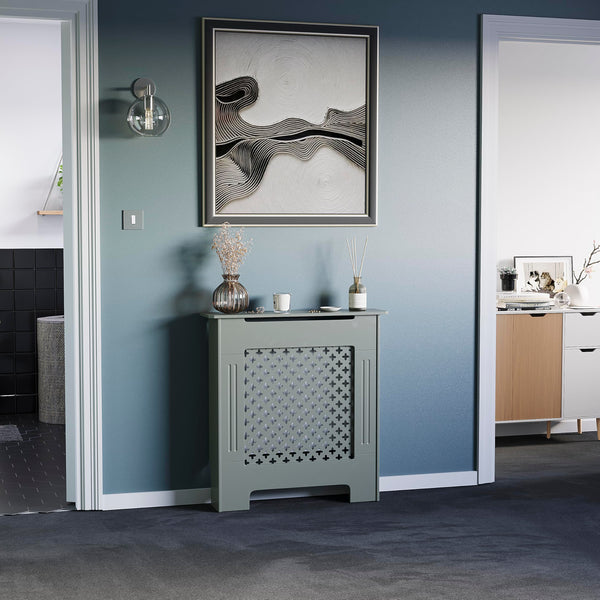 Vida Designs Oxford Radiator Cover – Traditional Cross Pattern, Olive Grey, MDF, Modern Painted Finish, Heat Efficient, Small, (H 82 x W 78 x D 19 cm)