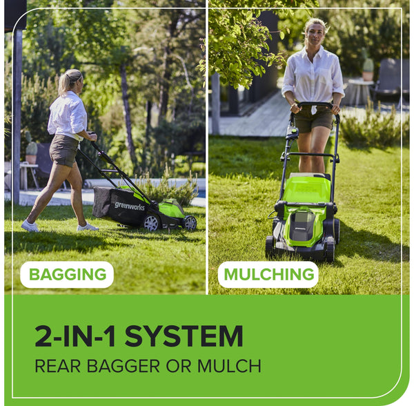 Greenworks 40V Cordless Lawnmower for Lawns up to 500m², 41cm Cutting Width, 50L Bag, Two of 40V 2Ah Batteries & One Charger, 3 Year Guarantee-G40LM41K2X, Green, Black, Grey