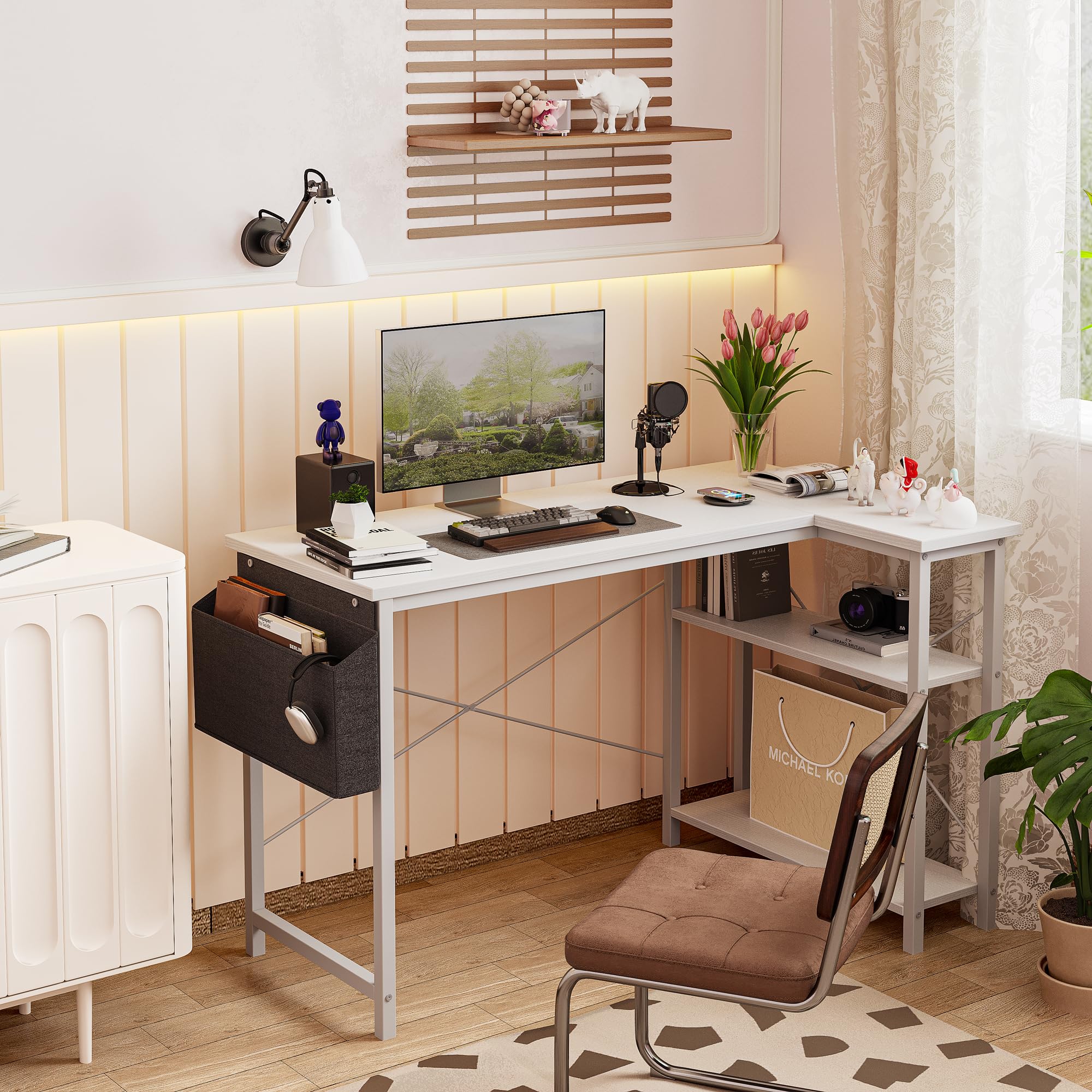 BEXEVUE L Shaped Gaming Desk, 100x70 cm Computer Desk with Storage Bag, Office Desk Small Writing Table with Large Reversible Storage Shelves, Workstation for Study Play Work Home Office, Black