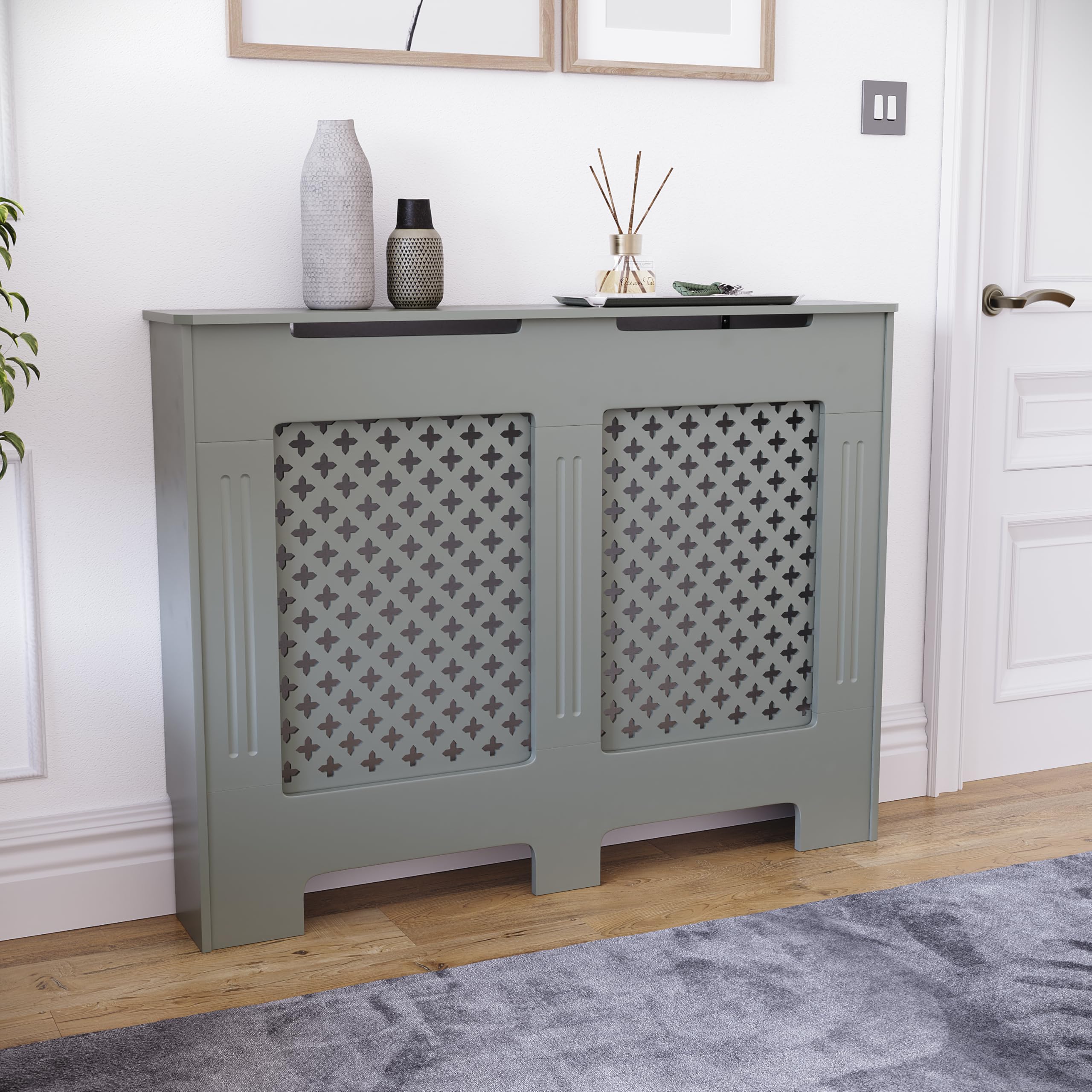 Vida Designs Oxford Radiator Cover – Traditional Cross Pattern, Olive Grey, MDF, Modern Painted Finish, Heat Efficient, Small, (H 82 x W 78 x D 19 cm)